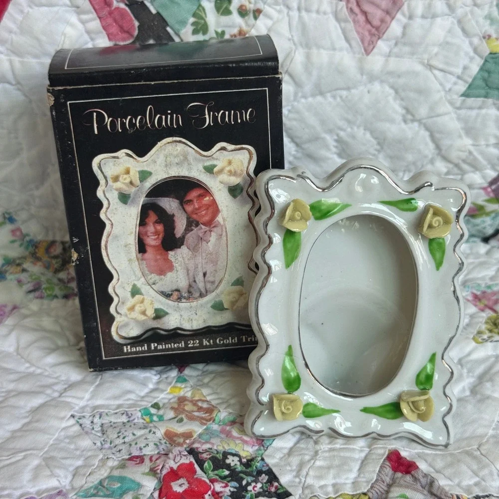 Vintage Porcelain Rose Picture Frame Hand Painted 22Kt Gold Trim White Yellow